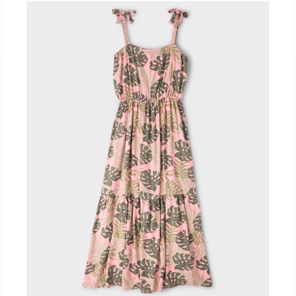 Women’s Sleeveless Pink Tropical monstera leaf Print Maxi Dress XXL